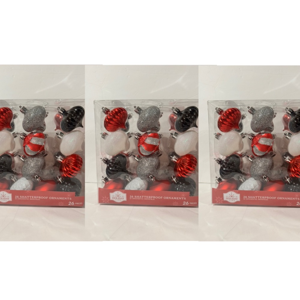 NEW 3 Boxes Shatterproof Christmas Ornaments Black Silver White Red 78 Total Pcs